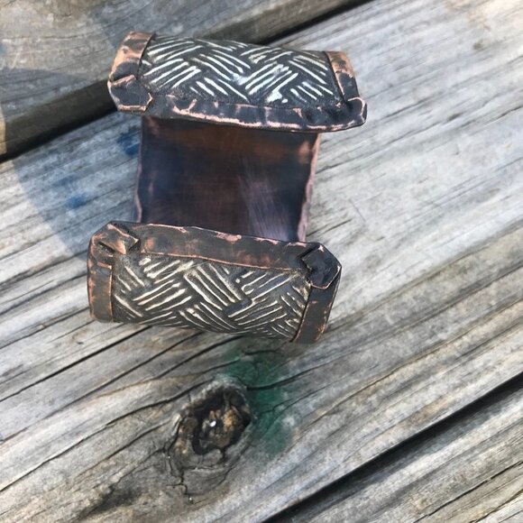 Woven Weave Embossed Sterling Silver 925 Copper Cuff Wide Rustic Handmade - Picture 10 of 13